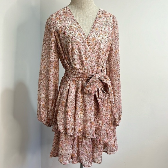Japna Floral Faux Wrap Chiffon Dress Womens Size Medium Tiered Long Sleeves Pink - Picture 10 of 16